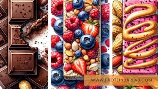 A variety of chocolate bars, nuts, and berries available in protein bar flavors.
